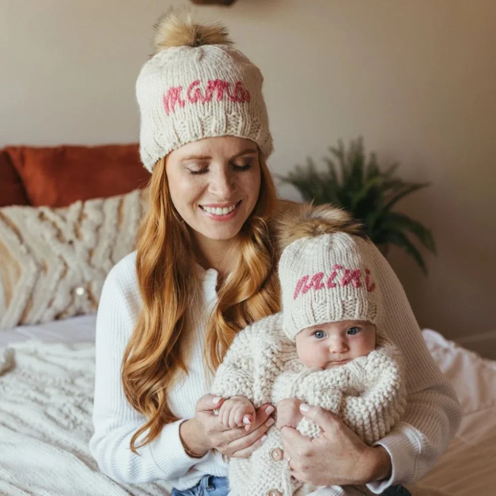 Mama and Mini Hand Knitted Cerise Beanie Hat Set  NWT